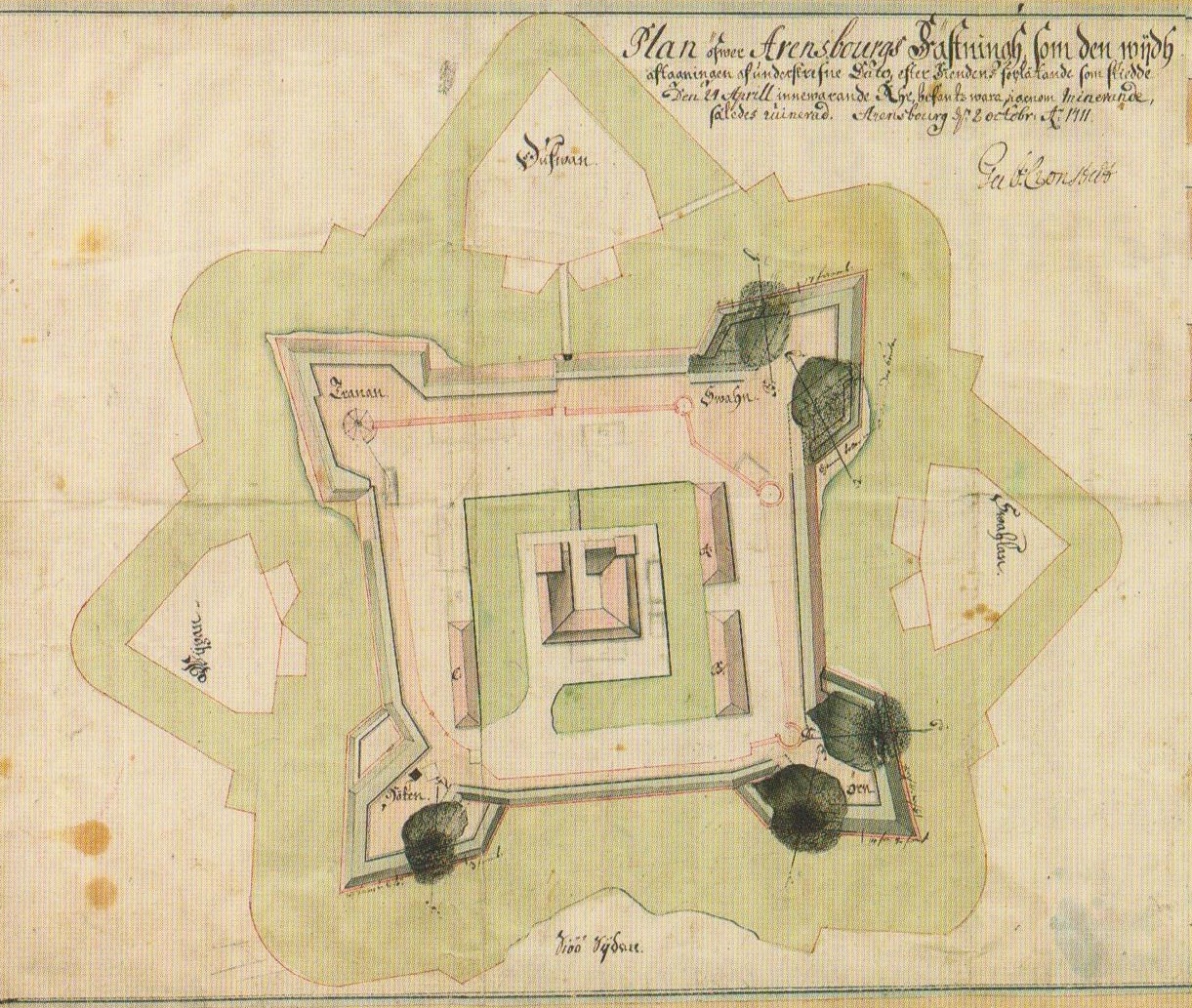 Фрагмент плана крепости Курессааре Габриеля Кронштеда с местами разрушения, вызванные взрывом. 